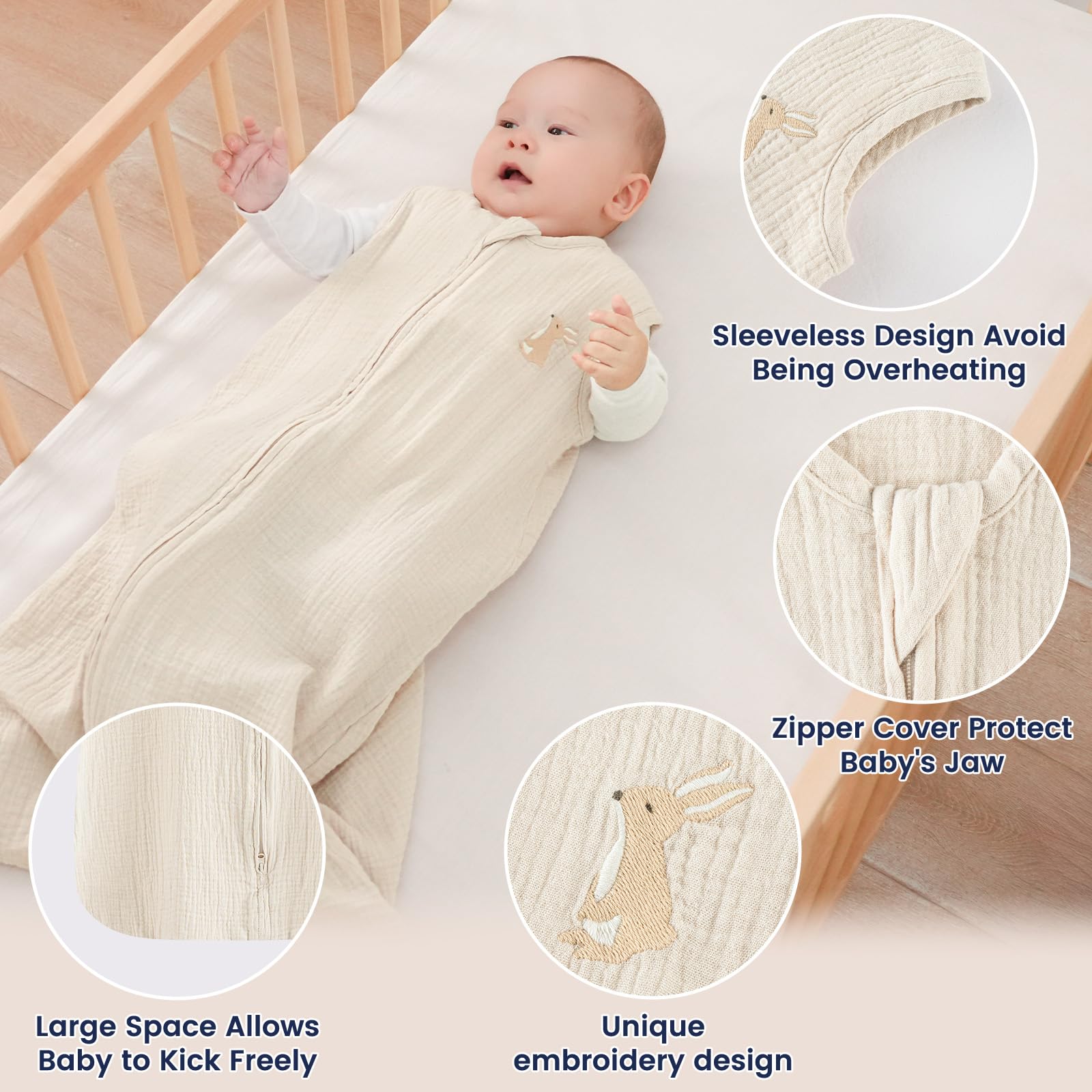 PHF woodland-print sleep sack close-up shows internal zipper protector