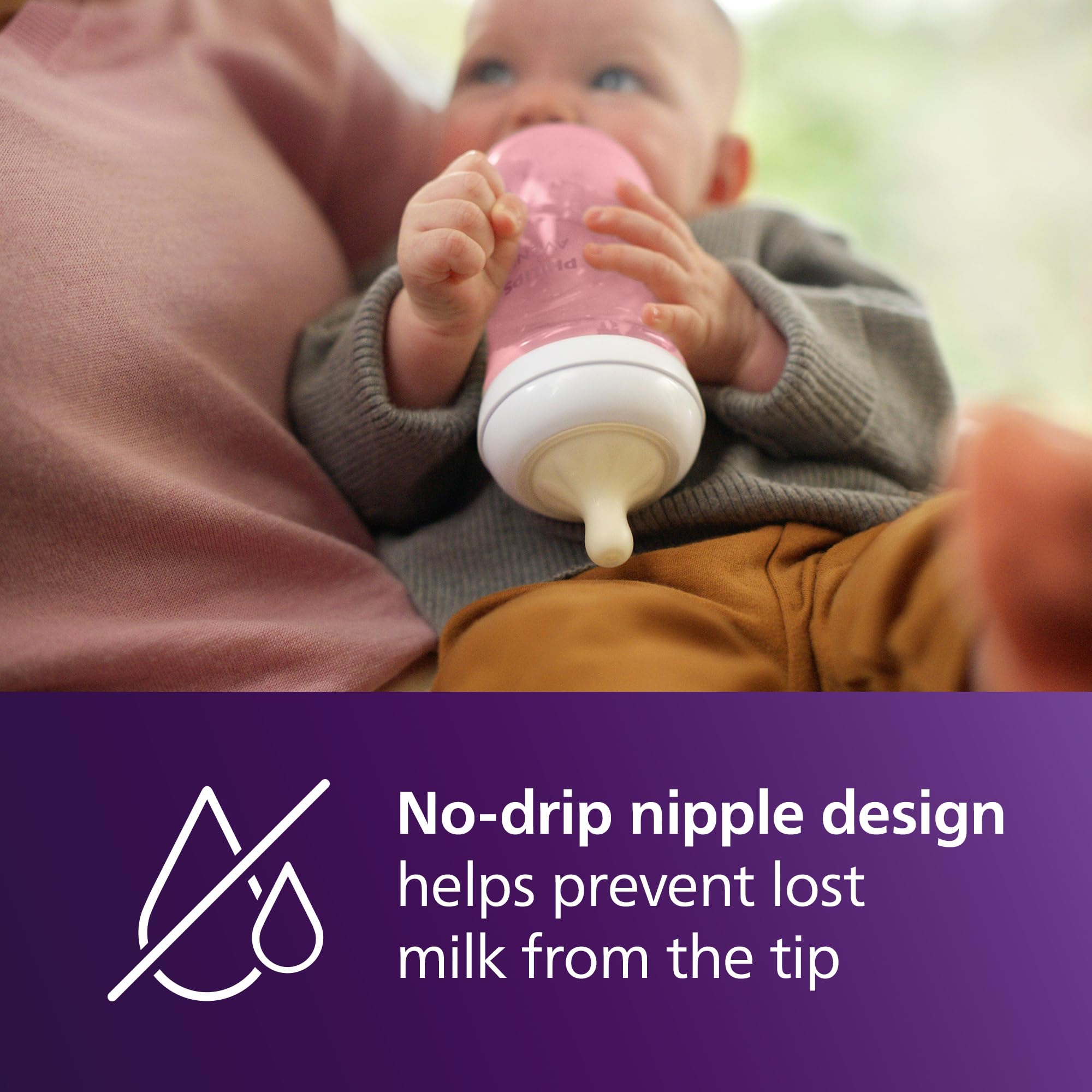 Philips Avent 4-pack pink bottles showing convenient storage and portability.