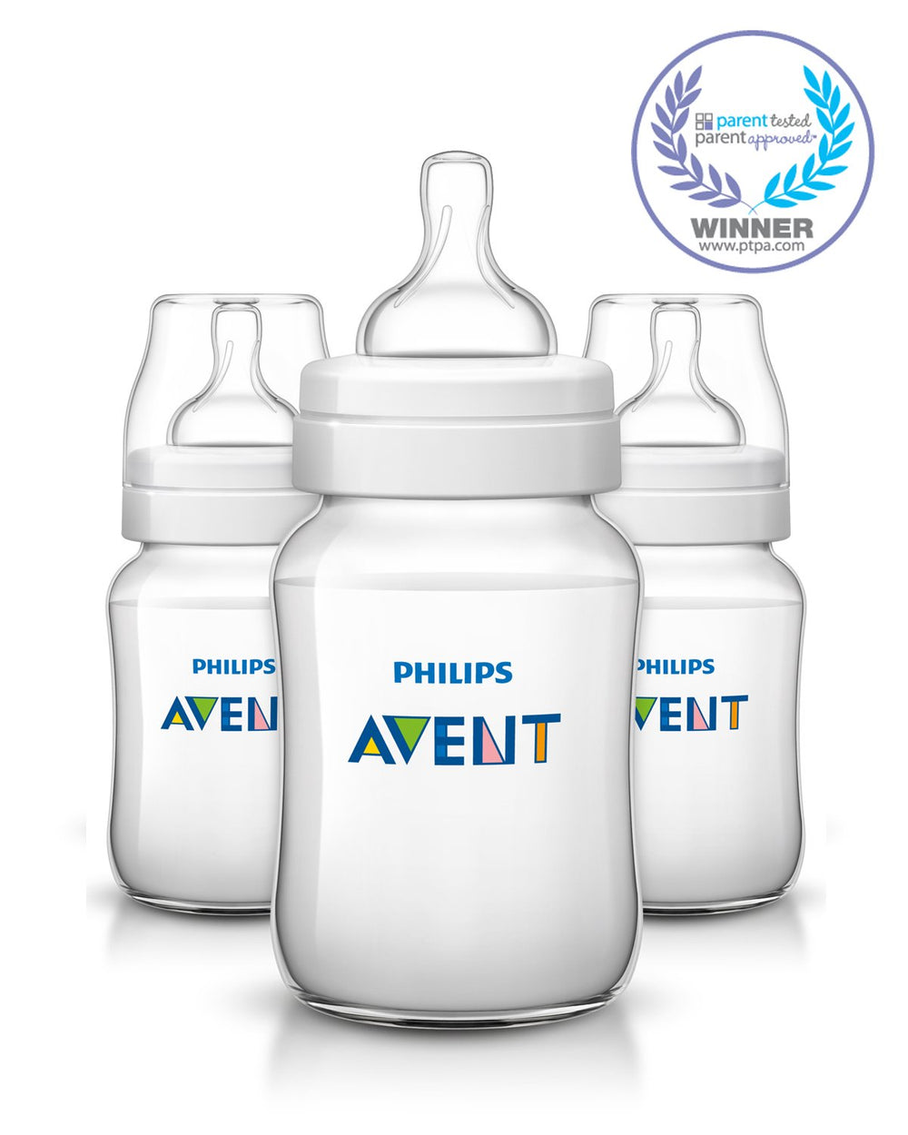 Philips Avent anti-colic bottle 9oz, nipple close-up showing slow-flow for baby-paced feeding.