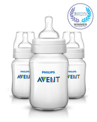 Philips Avent anti-colic bottle 9oz, nipple close-up showing slow-flow for baby-paced feeding.