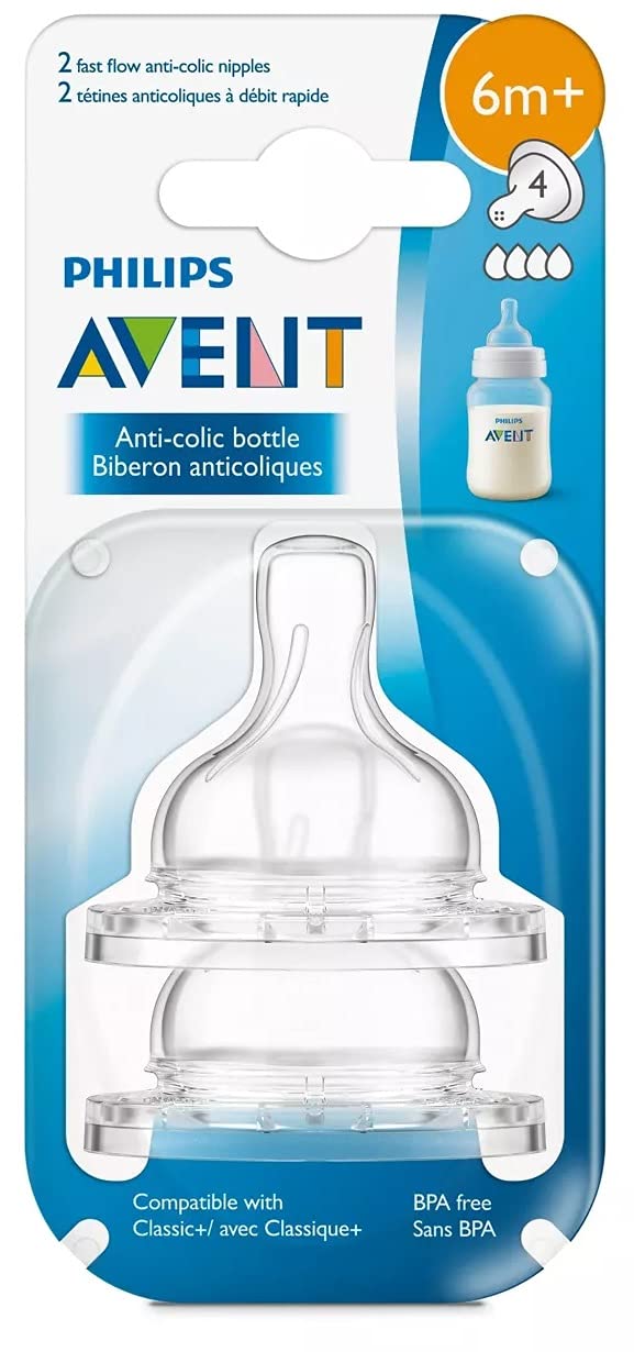 Philips Avent anti-colic fast flow nipple for 6+ months reduces air intake during feeds