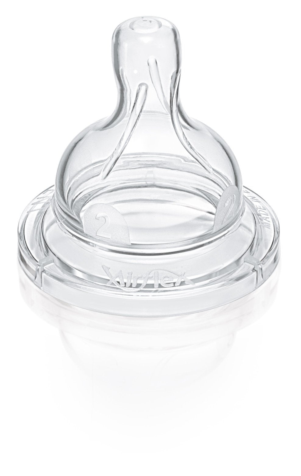 Philips Avent Classic Nipple slow-flow close-up shows soft silicone and dual holes for controlled feeding.