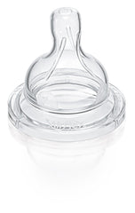 Philips Avent Classic Nipple slow-flow close-up shows soft silicone and dual holes for controlled feeding.