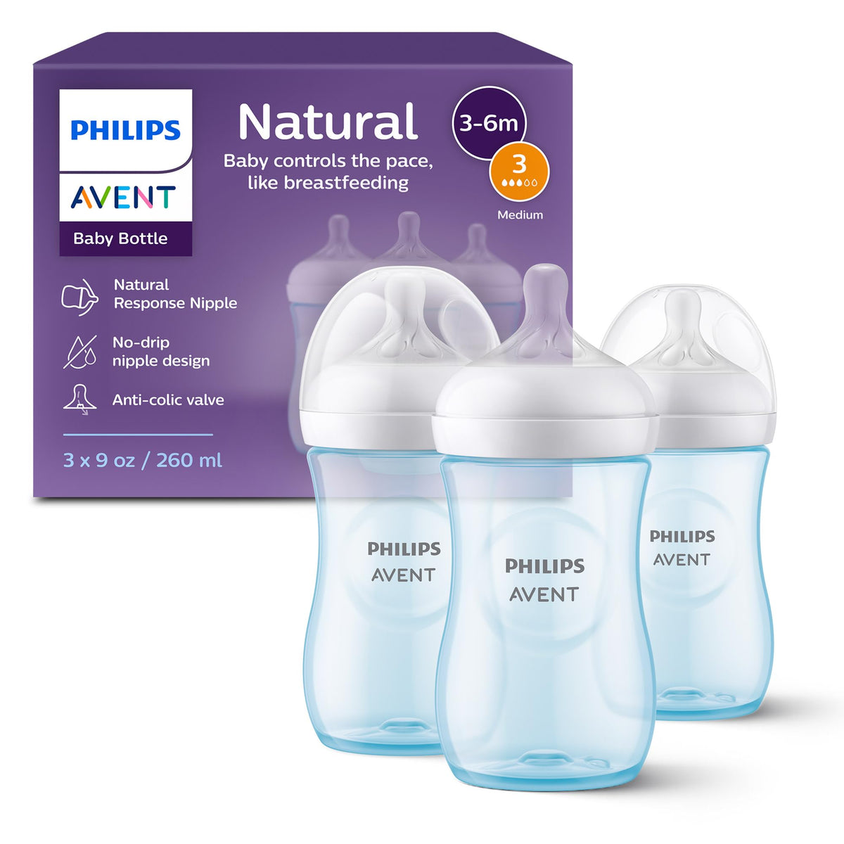 Philips Avent natural bottle 9oz blue triple pack for easy feeding transitions