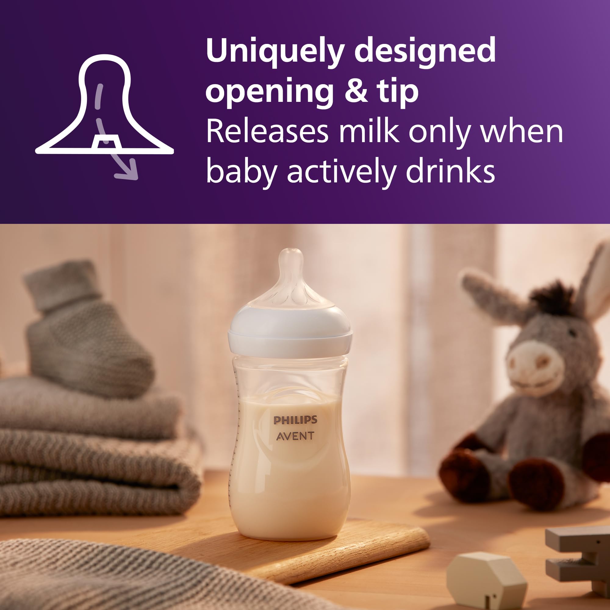 Philips Avent Natural bottle anti-colic valve visible for calmer feeds