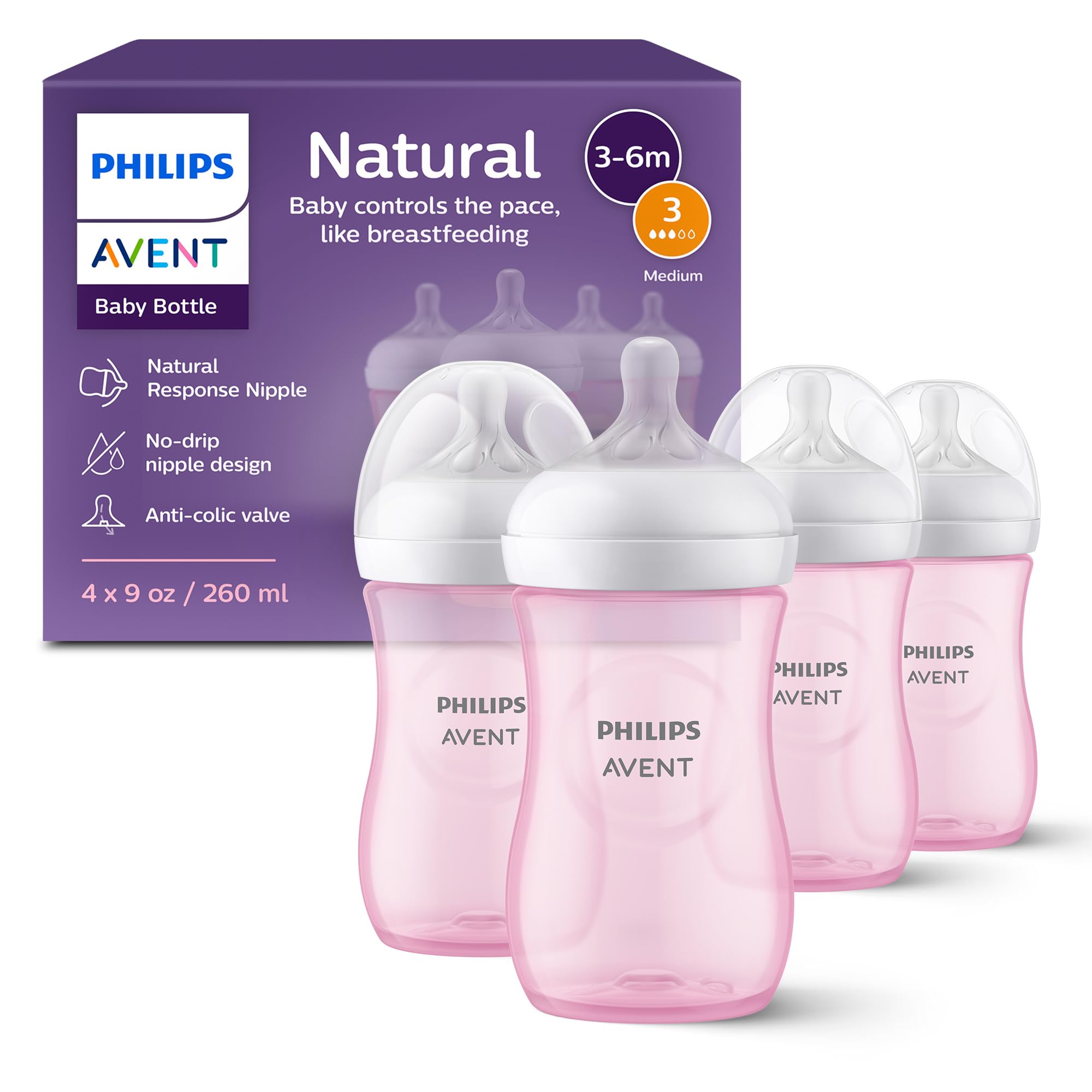 Philips Avent natural bottle pink 9oz bottle body for comfortable grip and spill-free feeding.