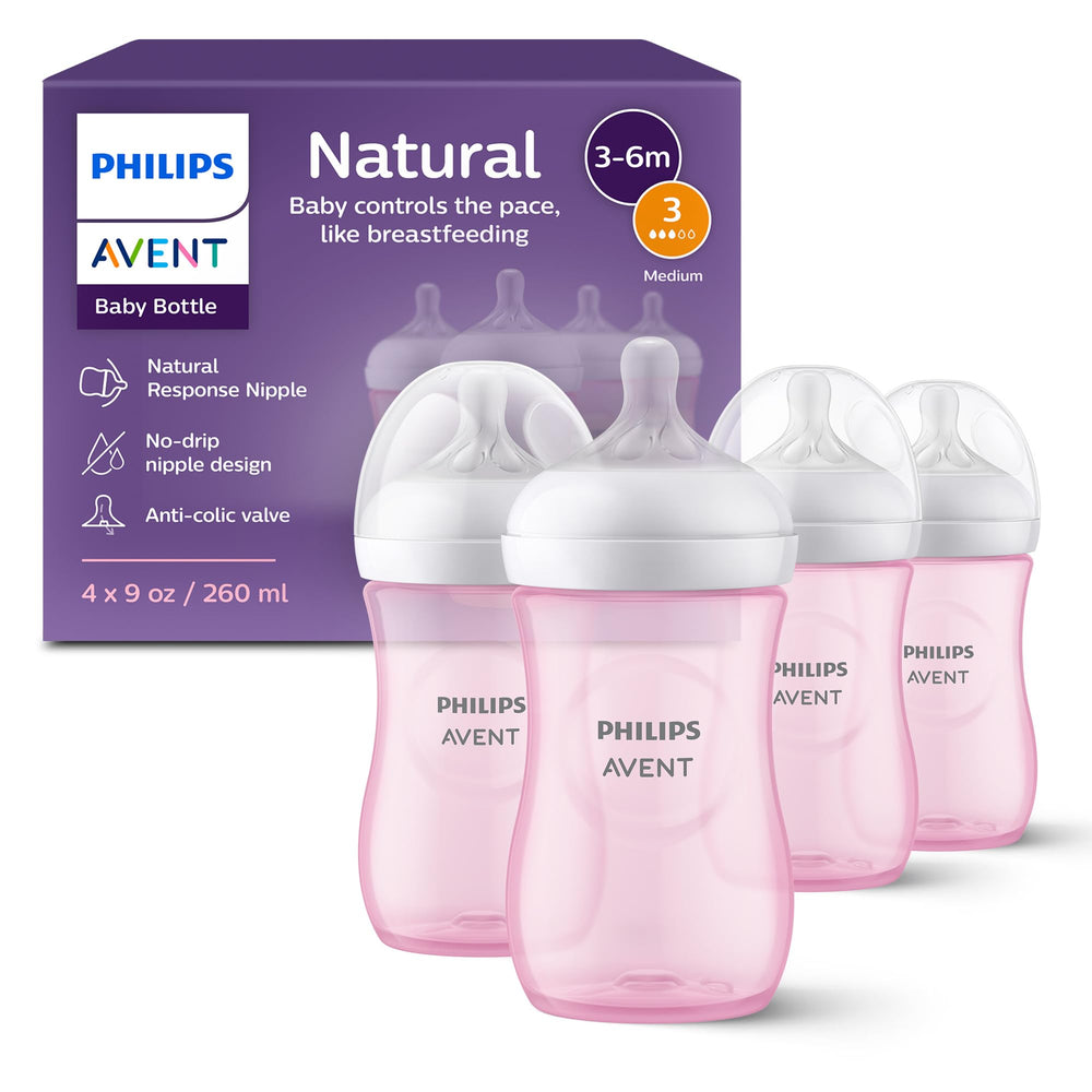 Philips Avent natural bottle pink 9oz bottle body for comfortable grip and spill-free feeding.