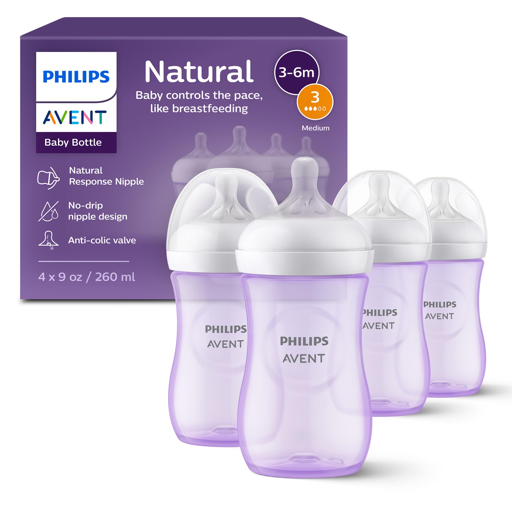Philips Avent Natural bottle purple 9oz with Flow 3 nipple designed for natural feeding rhythm