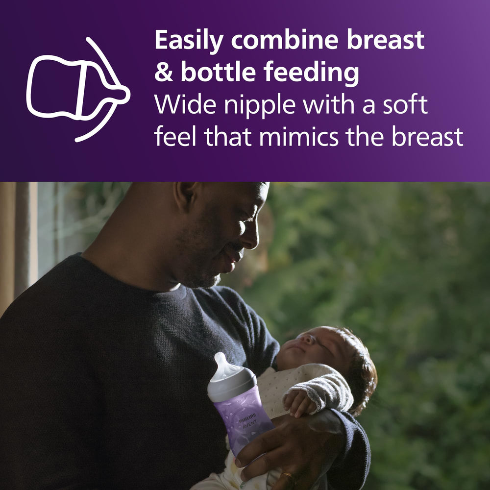 Philips Avent Natural bottle purple nipple contact showing latch-friendly design