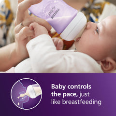 Purple Philips Avent bottle close-up showing Flow 3 nipple for controlled feeding