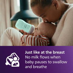 Philips Avent Natural bottle teal breast-like nipple supports natural latch.