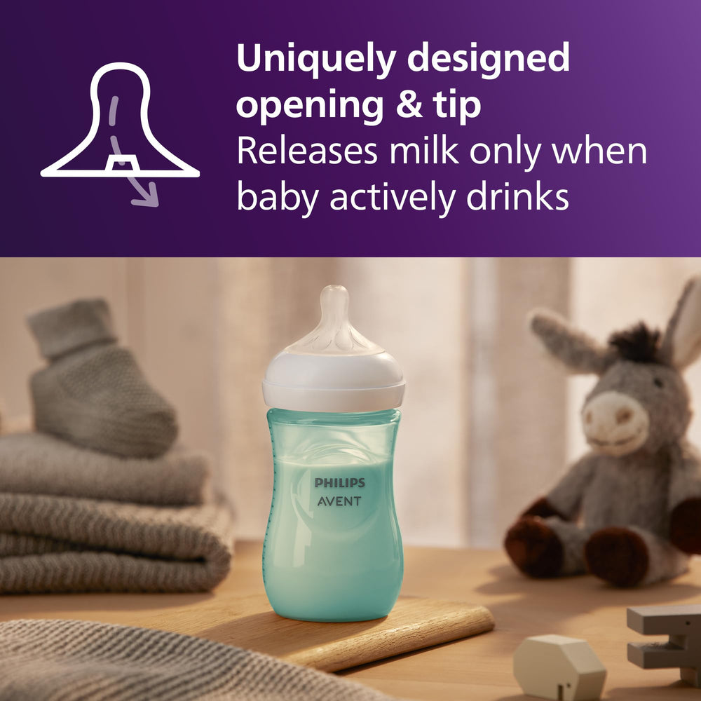Philips Avent Natural bottle teal flow3-nipple regulates milk pace for easier feeding.
