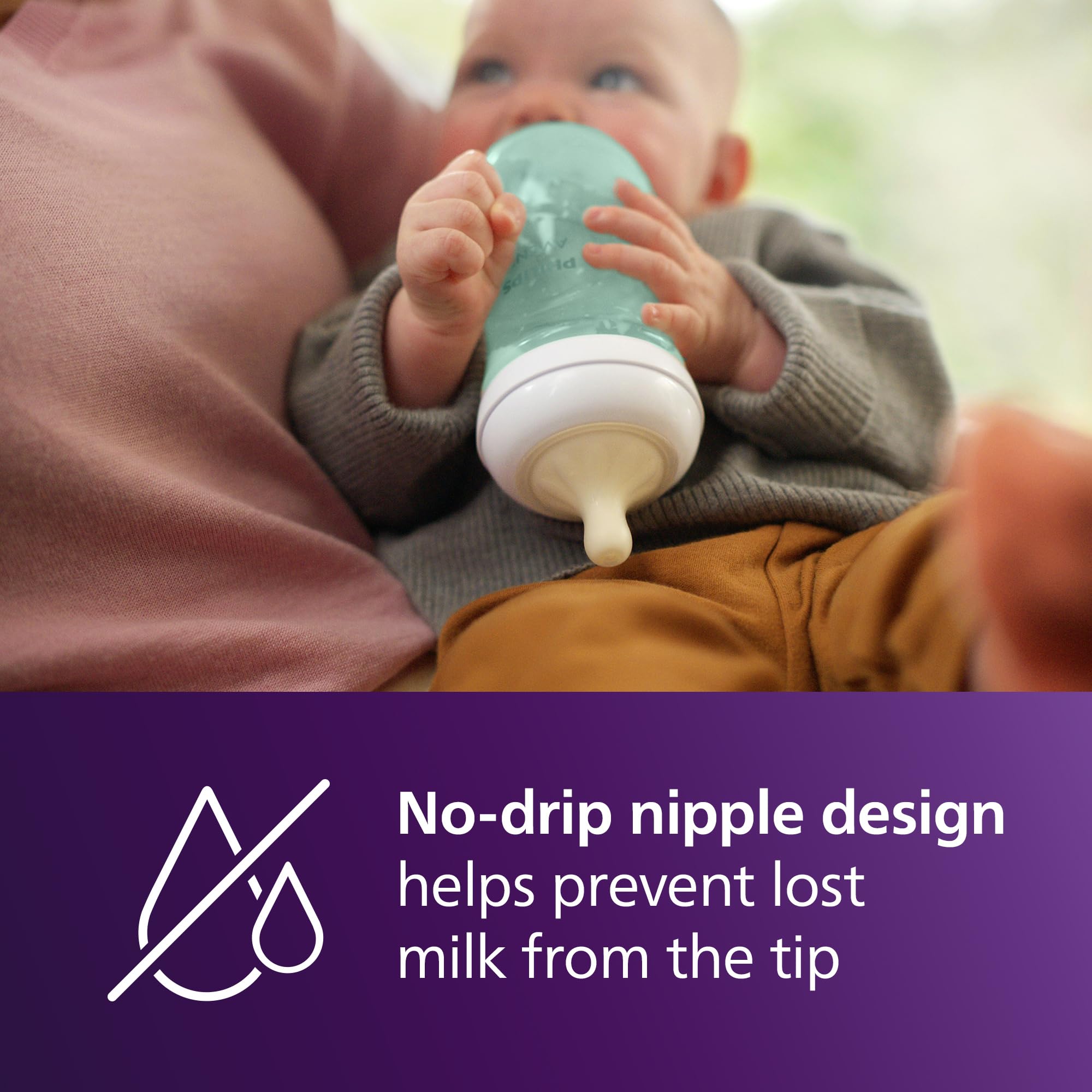 Philips Avent Natural bottle teal no-drip design reduces milk spills.