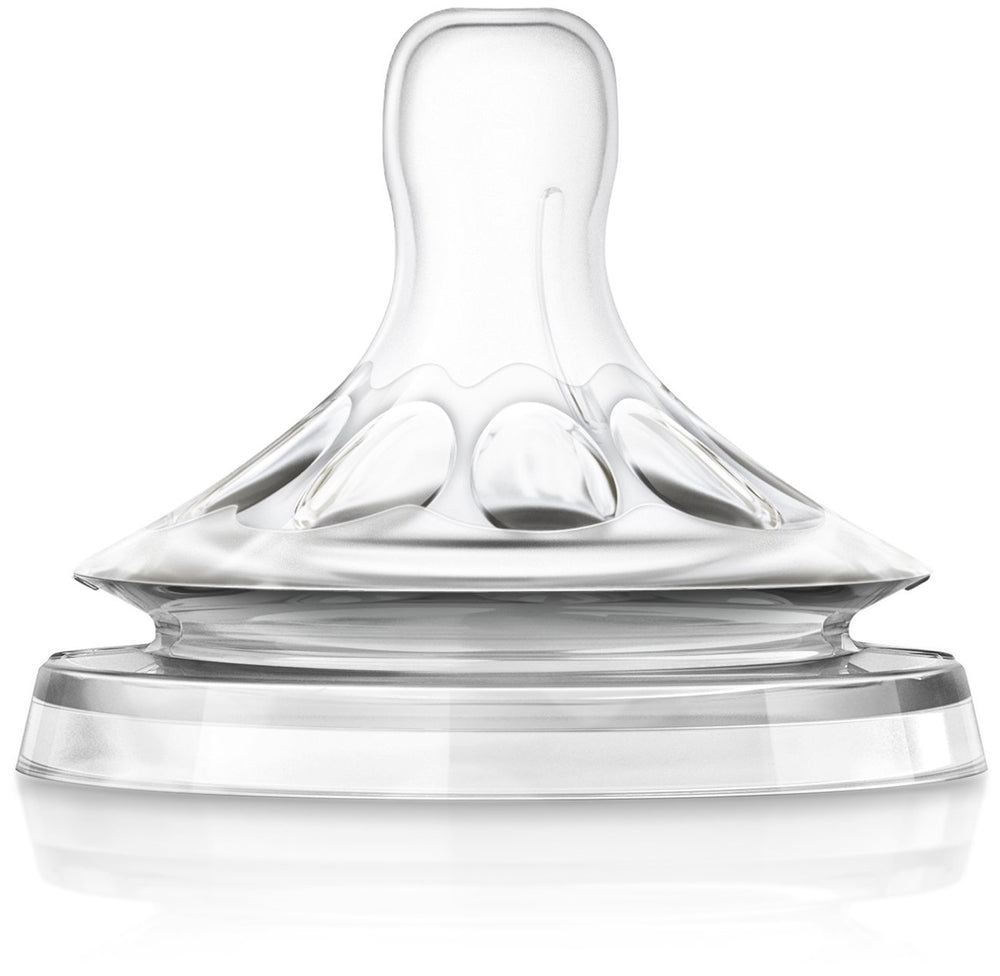 Philips Avent Natural nipple close-up shows soft silicone for gentle latch.