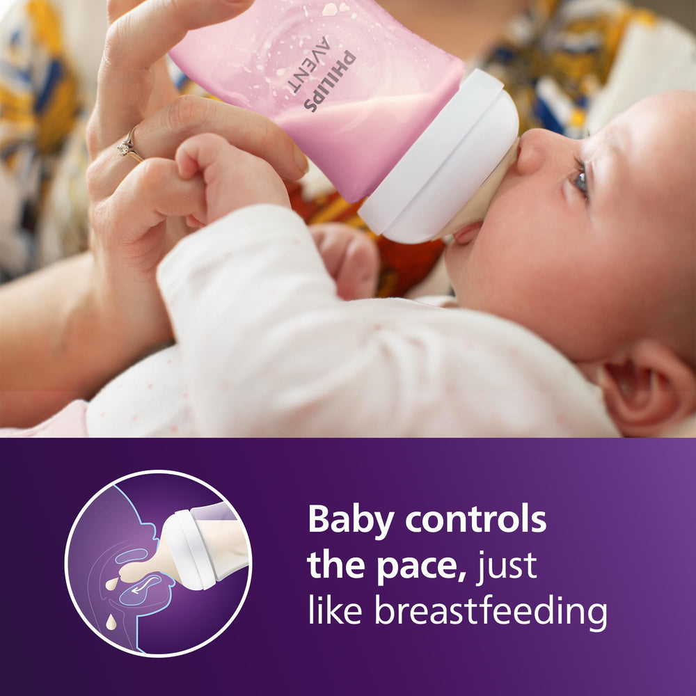Philips Avent natural nipple flow3 pink closeup highlighting controlled milk flow.