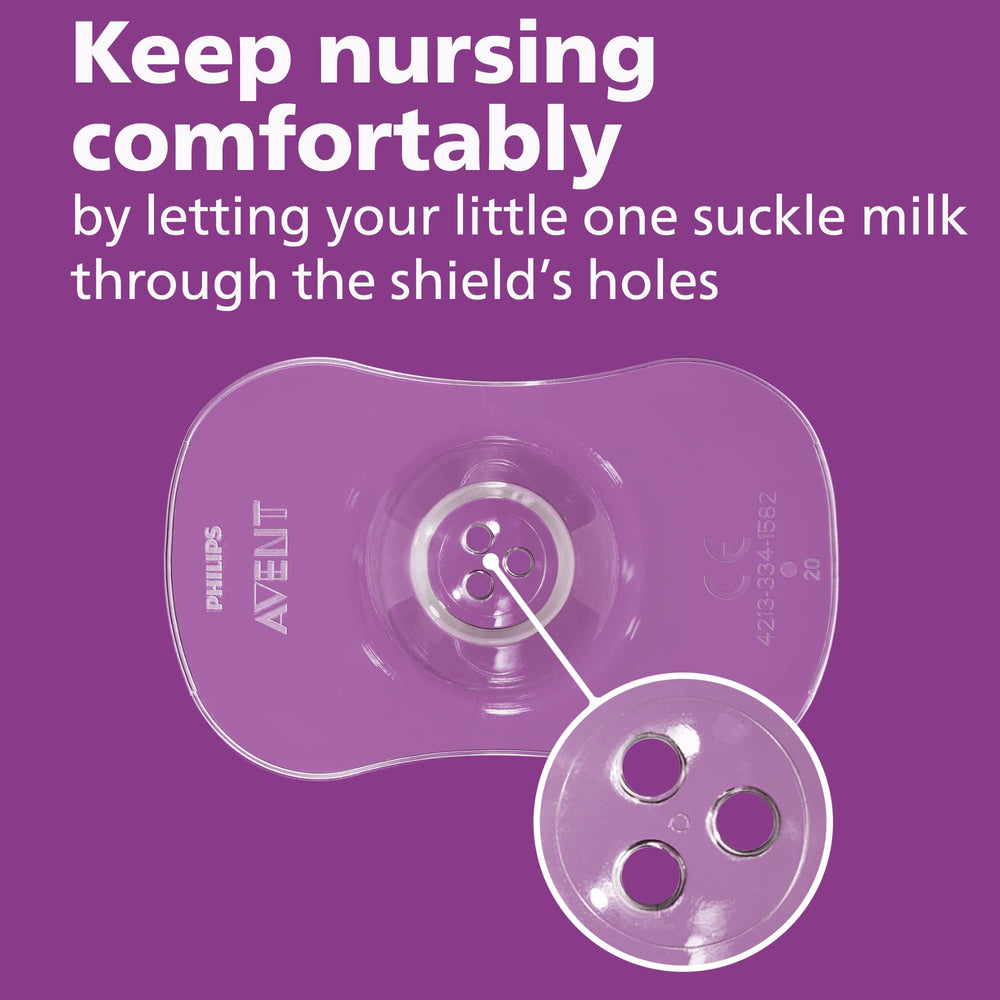 Philips Avent nipple shields in-use during a feeding session for soothing contact.