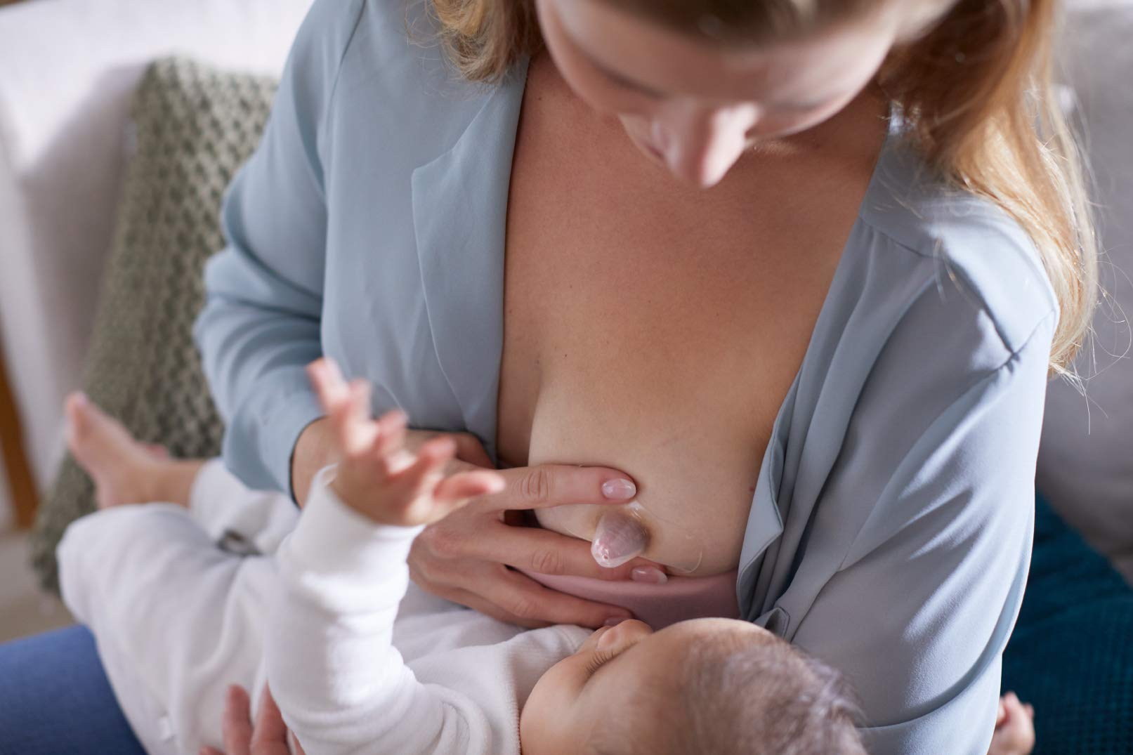 Philips Avent medium shield in use during nursing session for comfort.