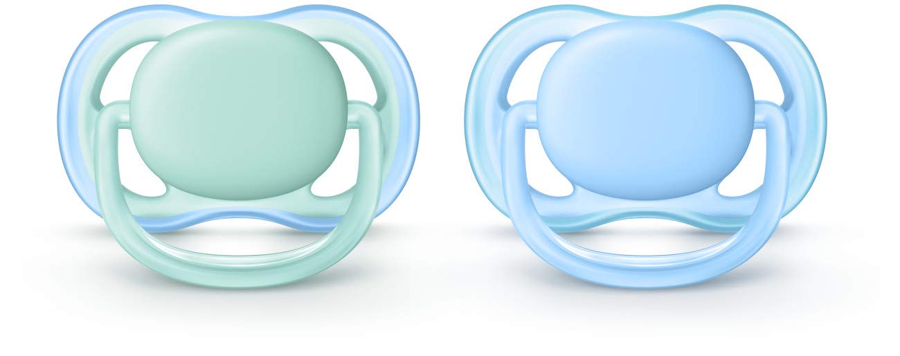 Philips Avent Ultra Air pacifier blue-green shield with breathable design promotes skin comfort.