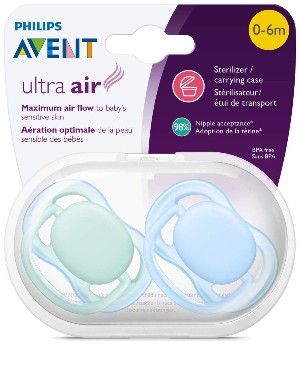 Philips Avent Ultra Air pacifier blue-green packaging shown for easy selection.