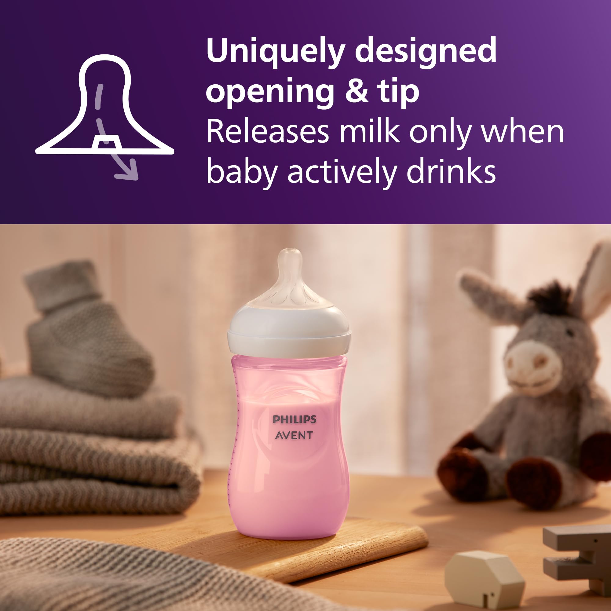 Philips Avent wide-breast-shaped nipple demonstrates natural latch support.