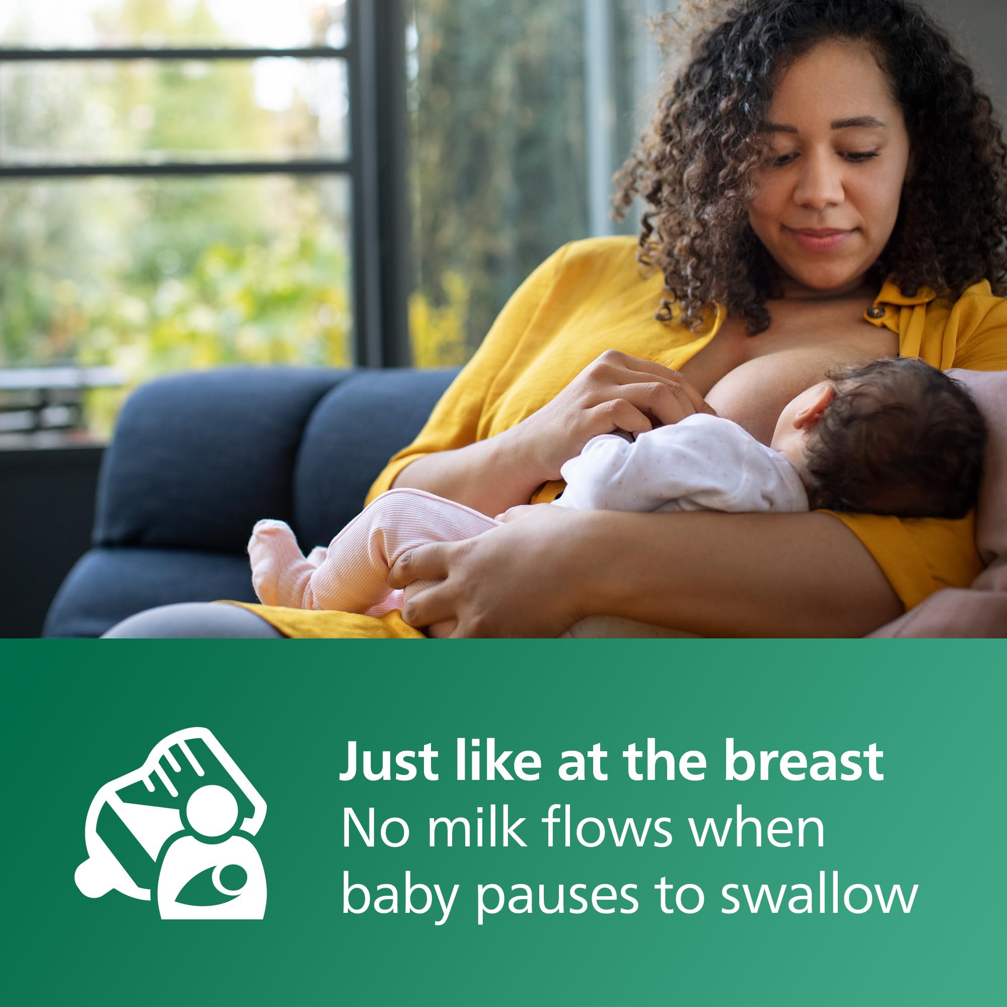 Philips Avent wide-neck glass bottle eases filling and cleaning with soft nipple.