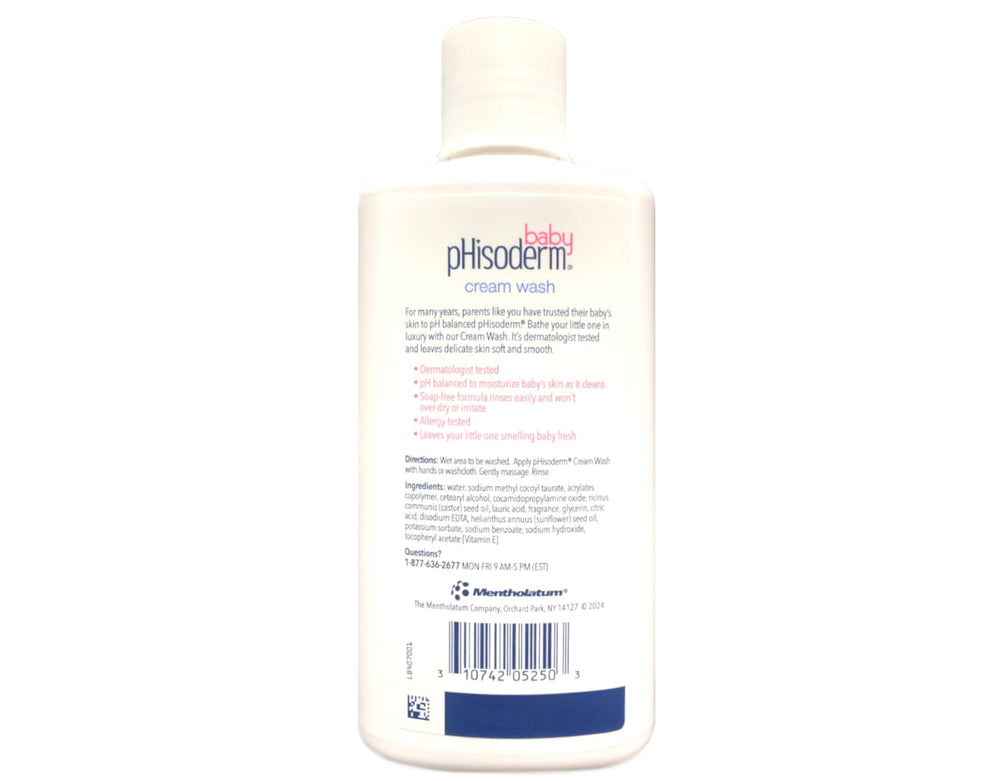 Phisoderm Baby Cream Wash label closeup features hypoallergenic formula