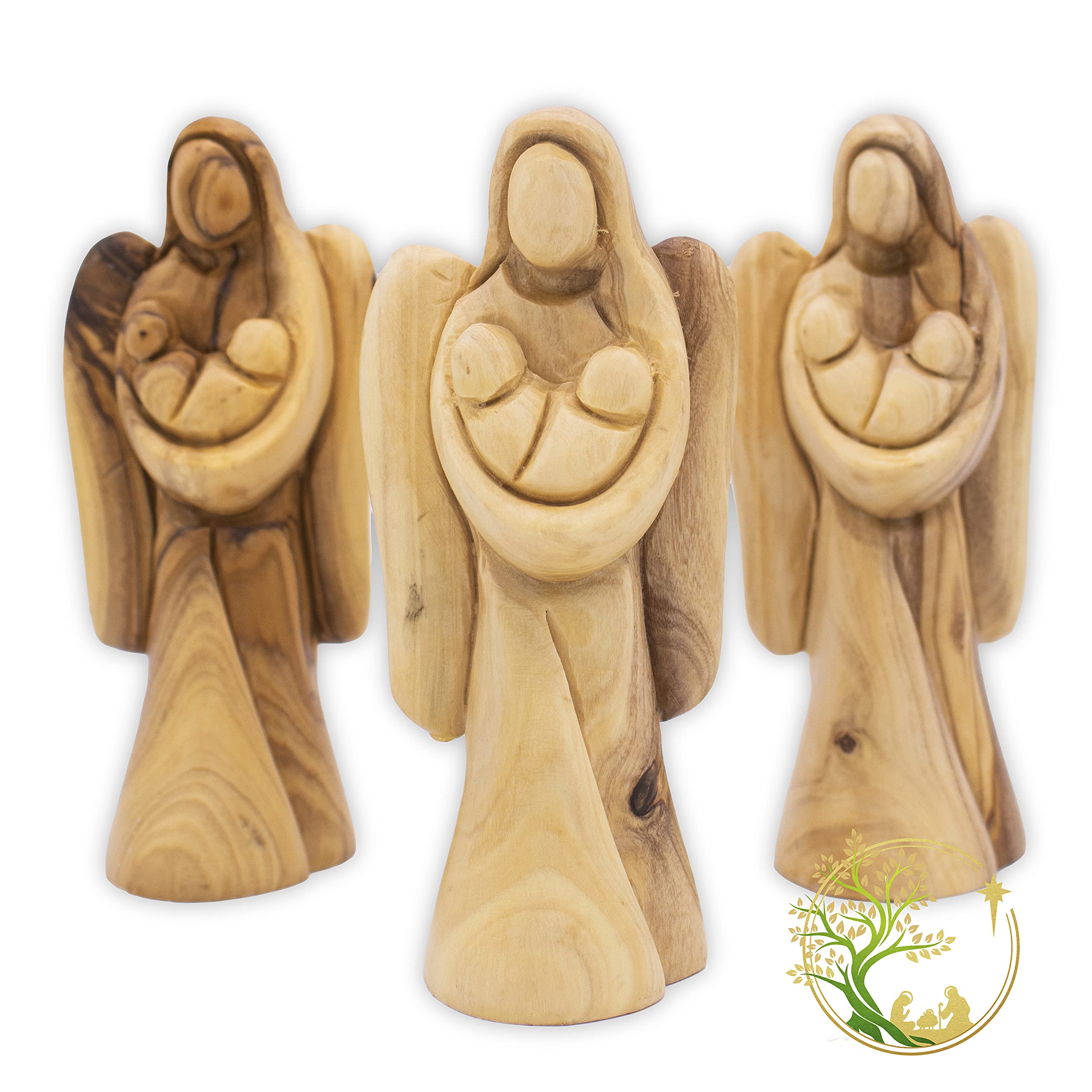 PHLG Olive wood Bethlehem angel statue showing natural grain and craftsmanship.
