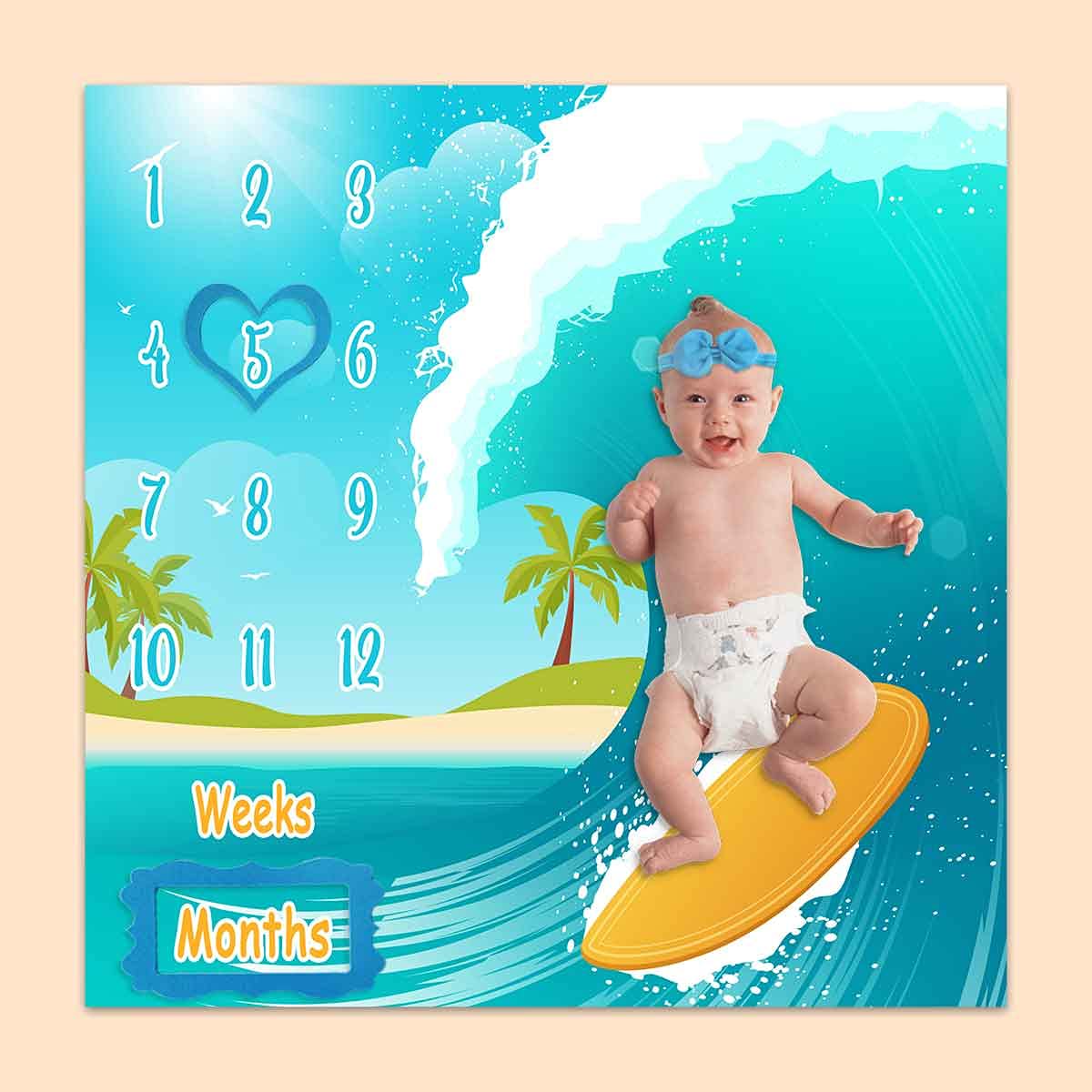 PHMOJEN baby milestone blanket sea surfboard waves for newborn photo sessions.