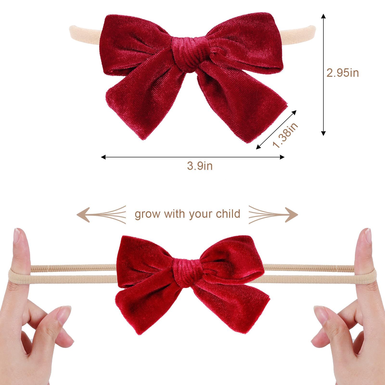 phnydreg velvet bow headband white side view demonstrates gentle stretch for lasting baby comfort.