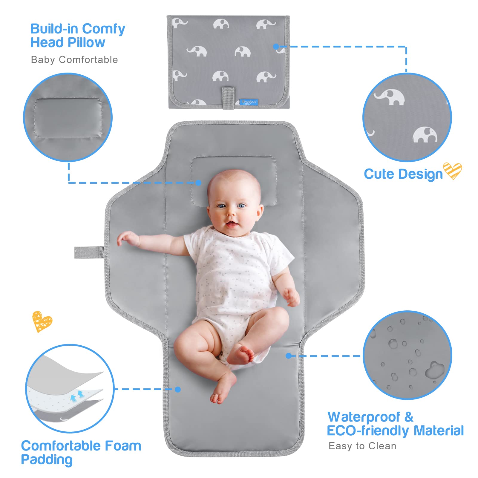 PHOEBUS BABY built-in pillow changing pad highlights head support during diaper changes.