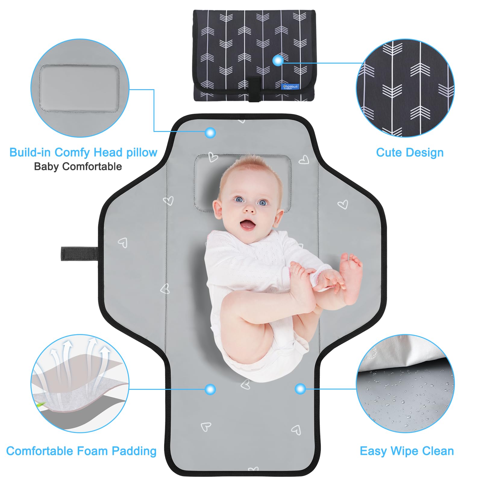 Phoebus Baby changing pad head support provides cushioned comfort for baby's head.