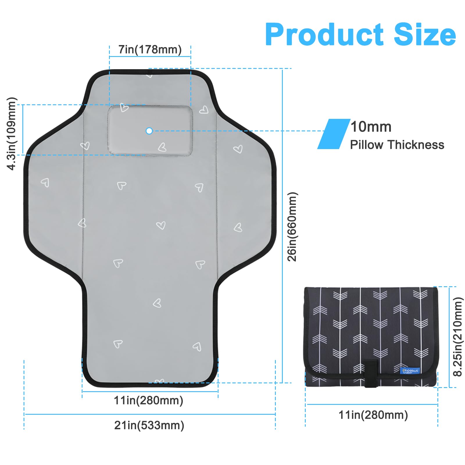 Phoebus Baby compact changing pad fits neatly in a diaper bag for travel.