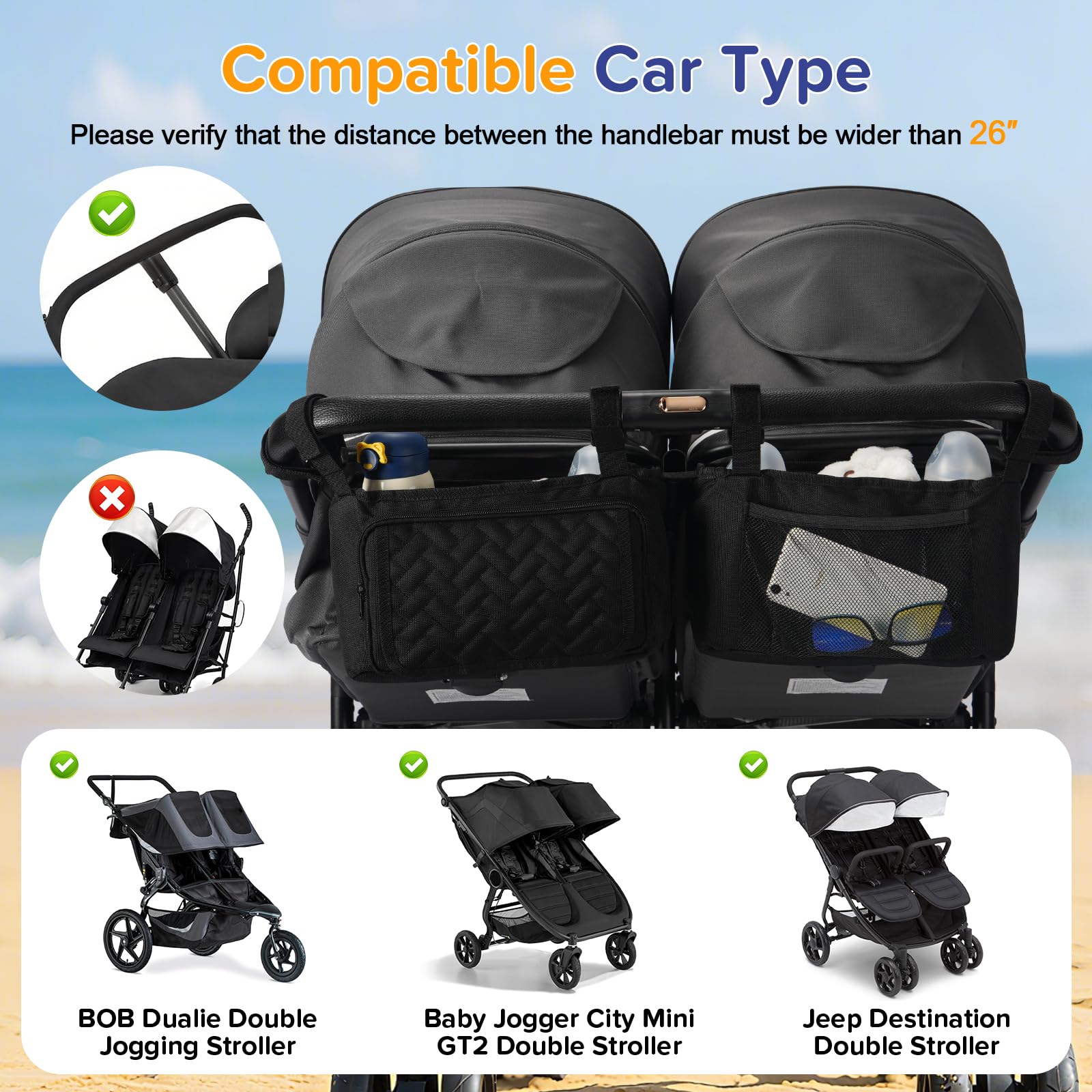 PHOEBUS BABY double stroller caddy with insulated cup holders for drinks on the go
