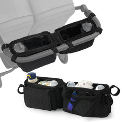 PHOEBUS BABY double stroller caddy showing organized storage compartments for essentials
