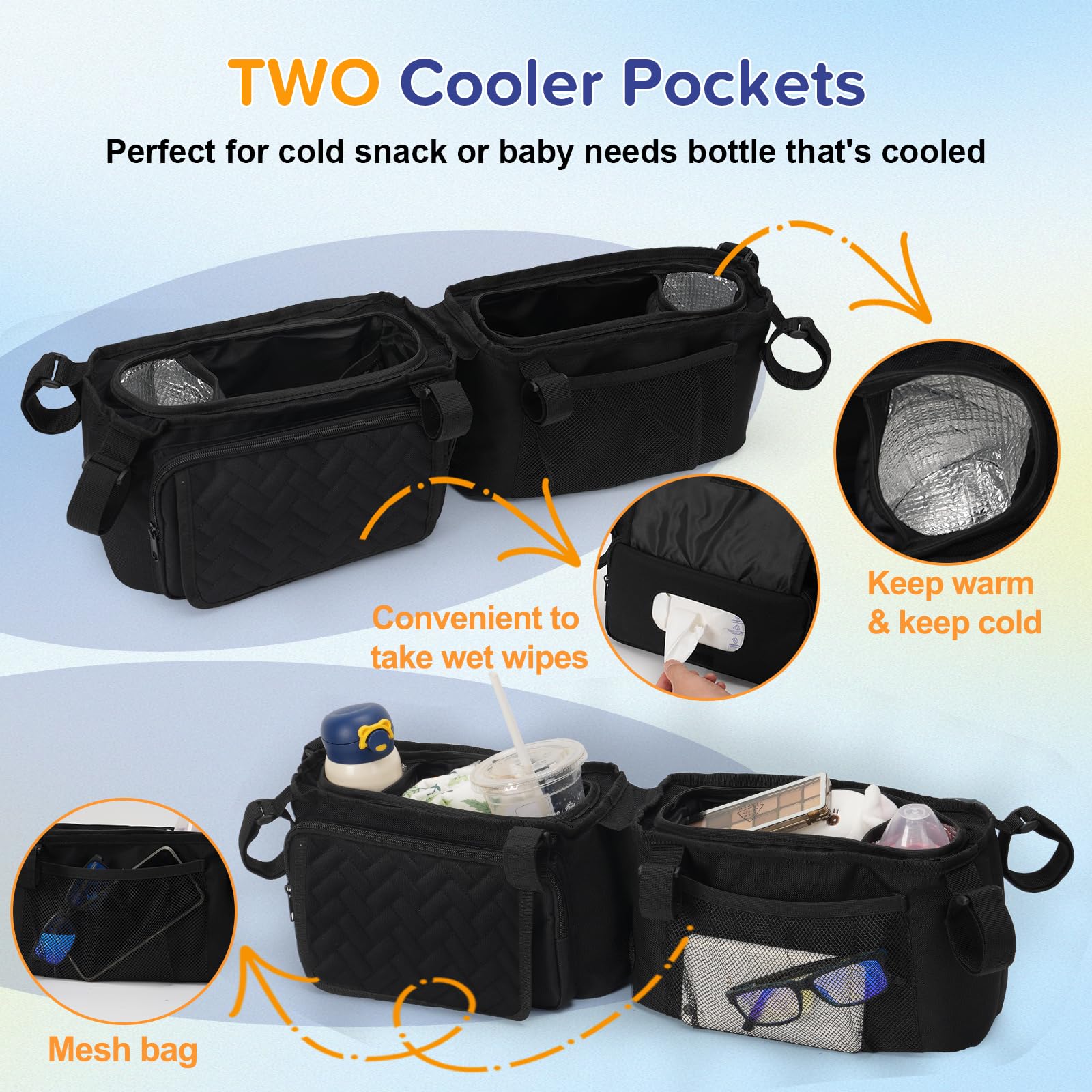PHOEBUS BABY double stroller caddy featuring a wipes compartment for quick cleanups