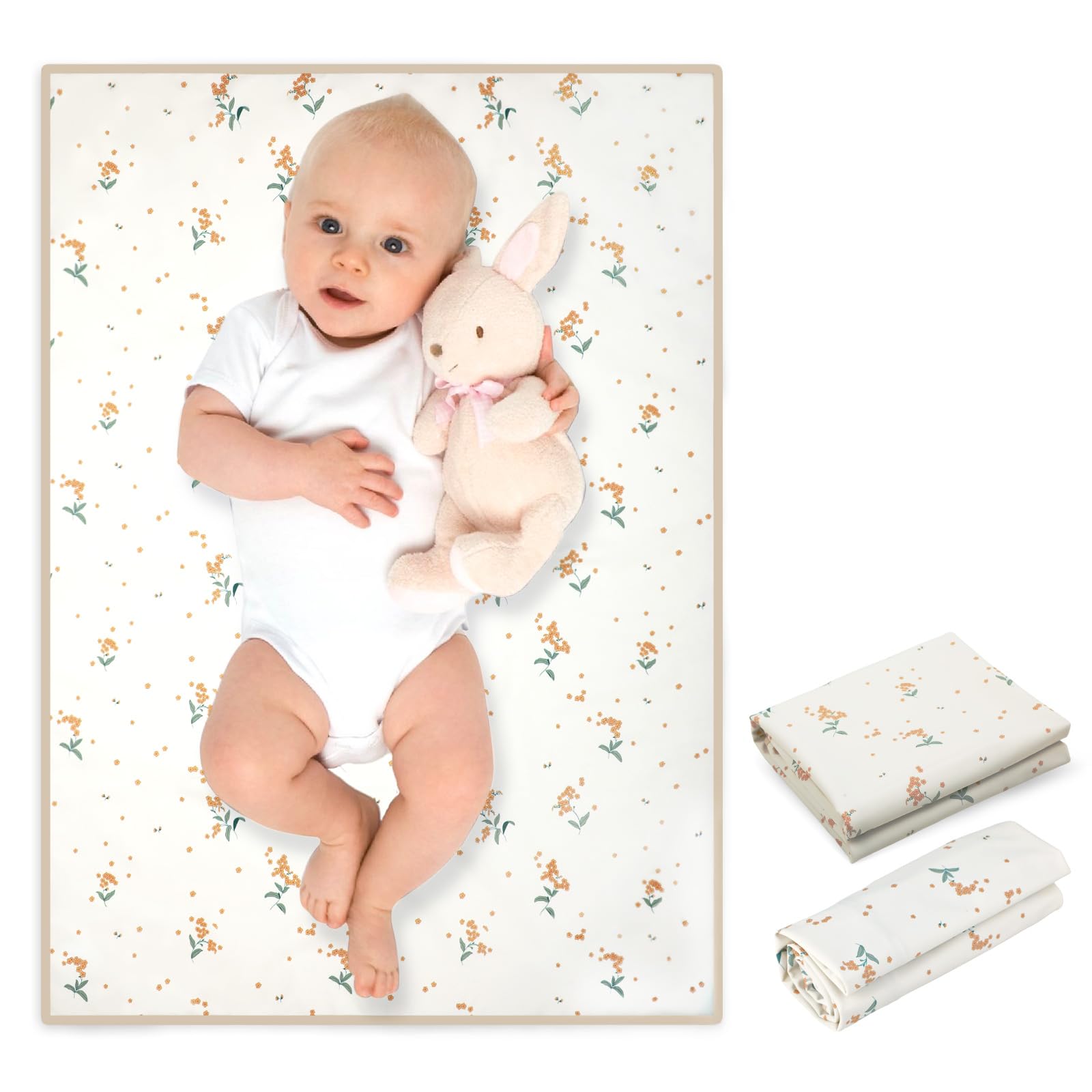 Phoebus Baby orange floral changing mat folded for travel convenience.