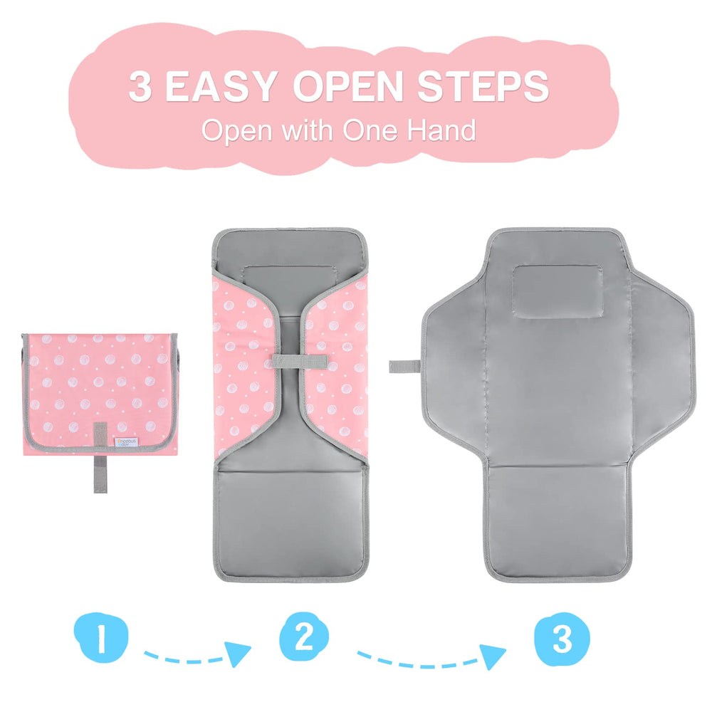 PHOEBUS BABY portable changing pad with built-in cushion supports baby's head during changes.