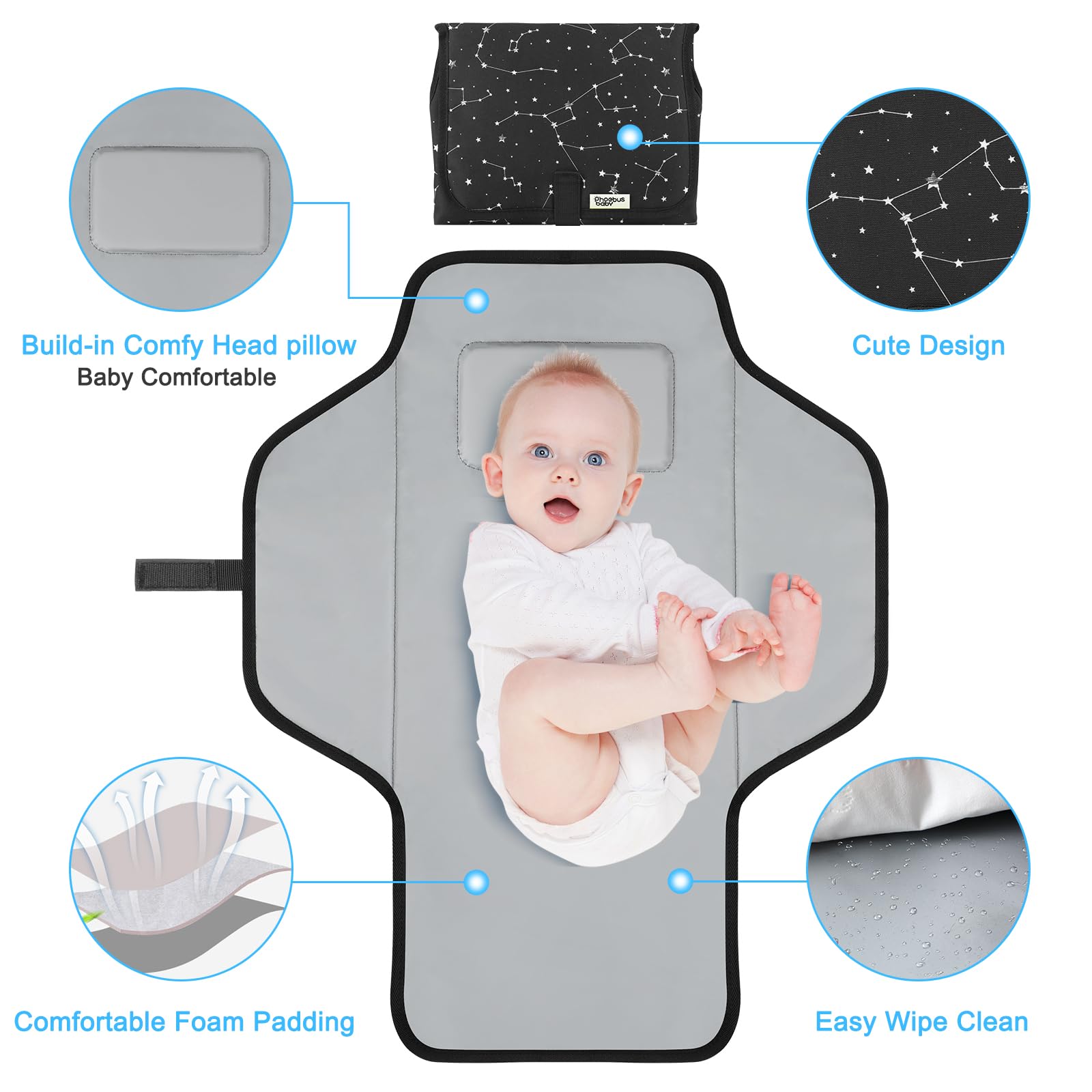 PHOEBUS BABY portable changing pad open for quick one-handed setup.