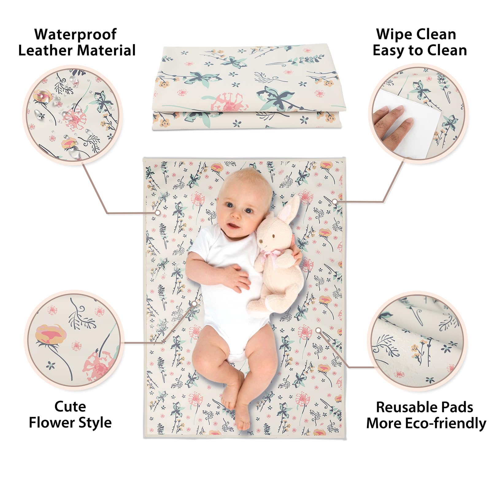 PHOEBUS BABY vegan leather changing mat floral laid flat for space and comfort