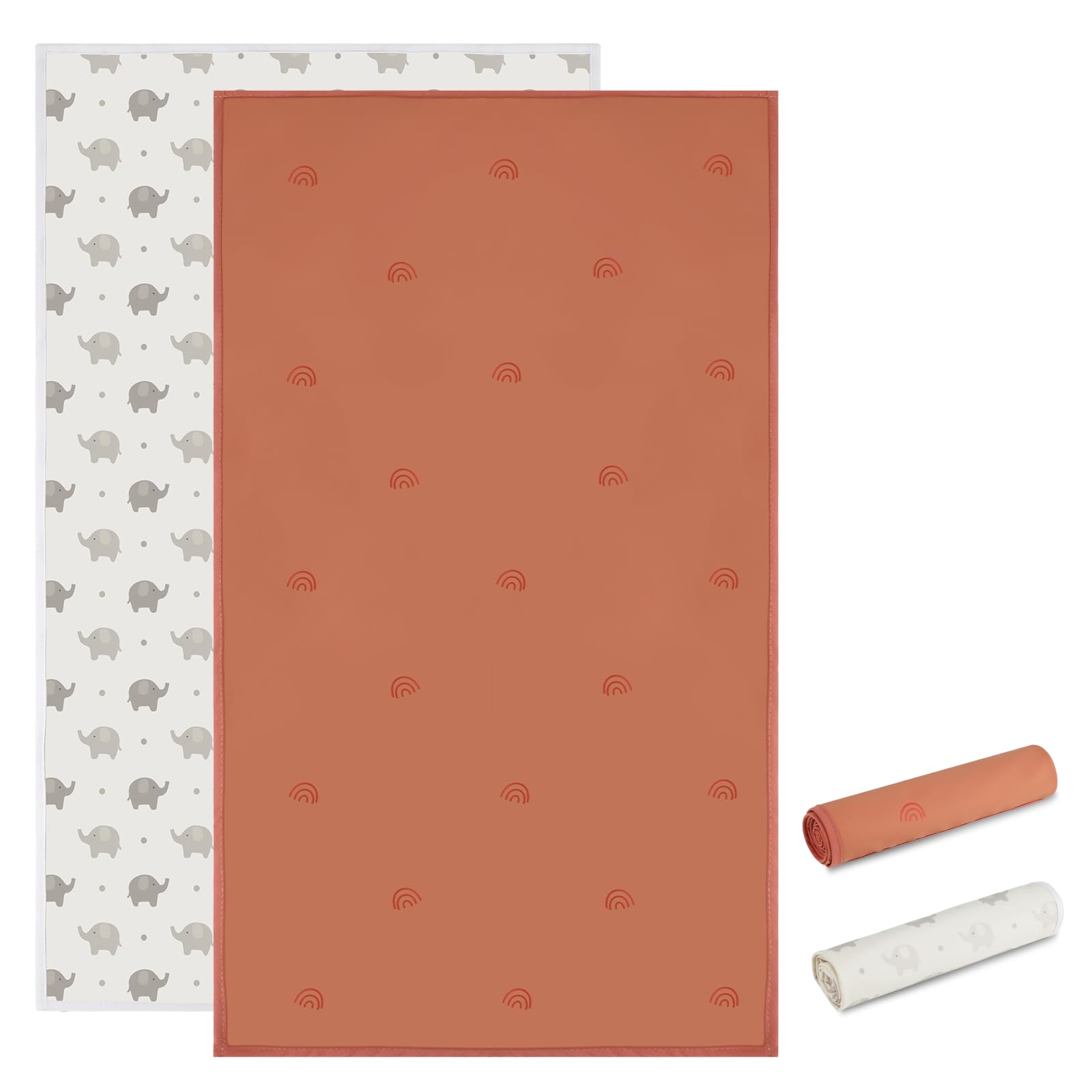 PHOEBUS BABY vegan leather changing mat in rainbow-elephant print, wipe-clean surface for quick diaper changes.