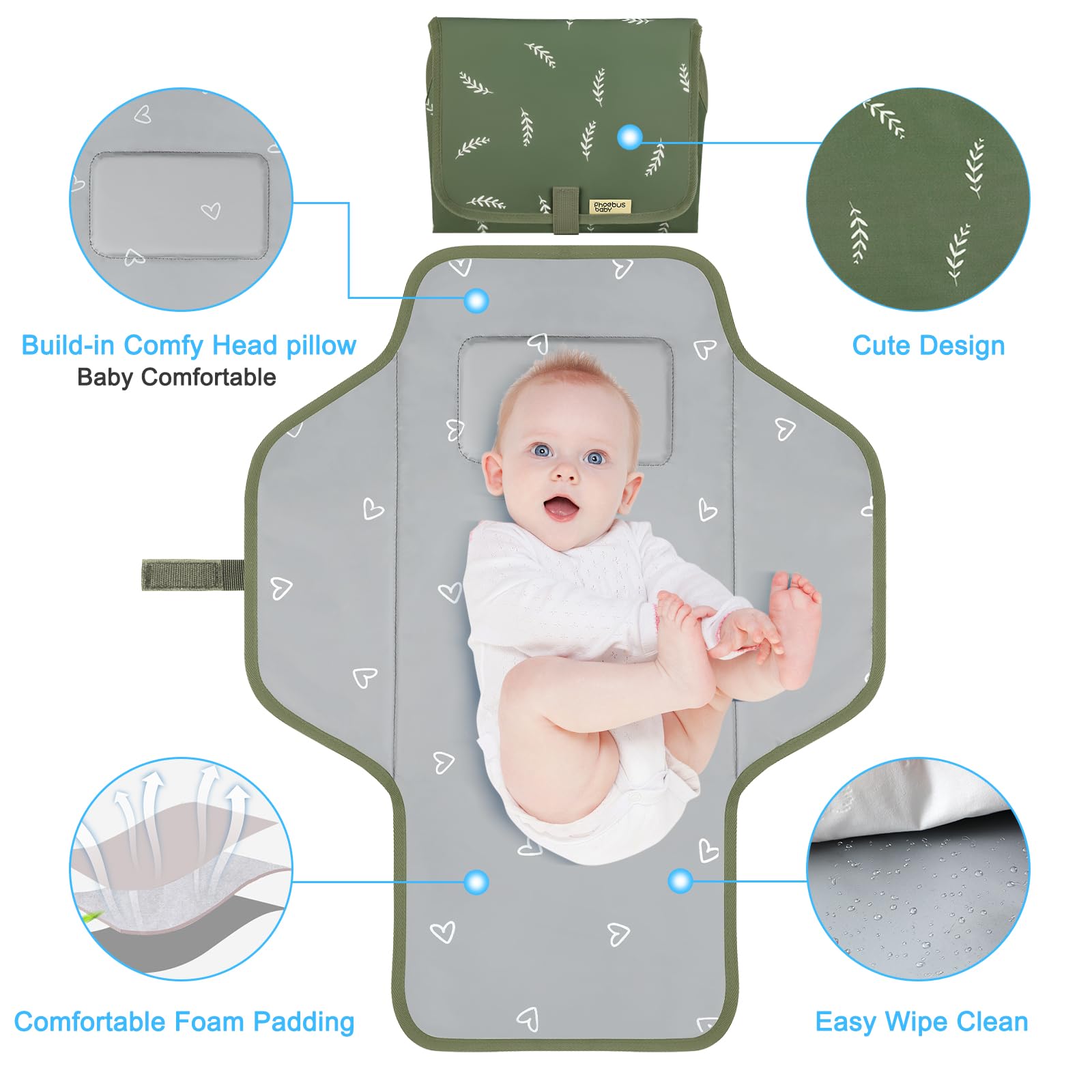 PHOEBUS BABY waterproof changing mat compact folds easily for backpacks.