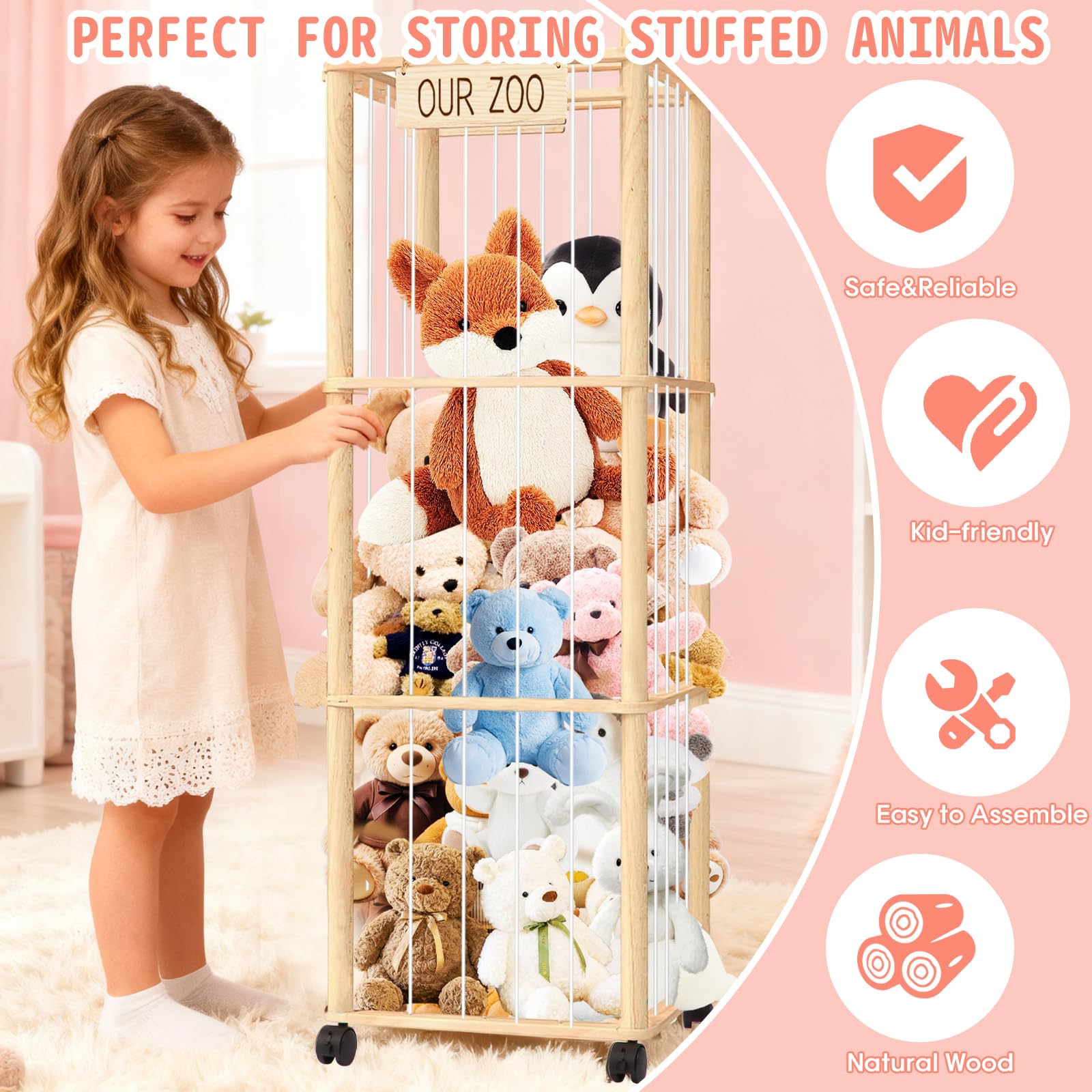 PHOKID 56In Zoo Tower elastic bands and mesh bottom detail for plush storage