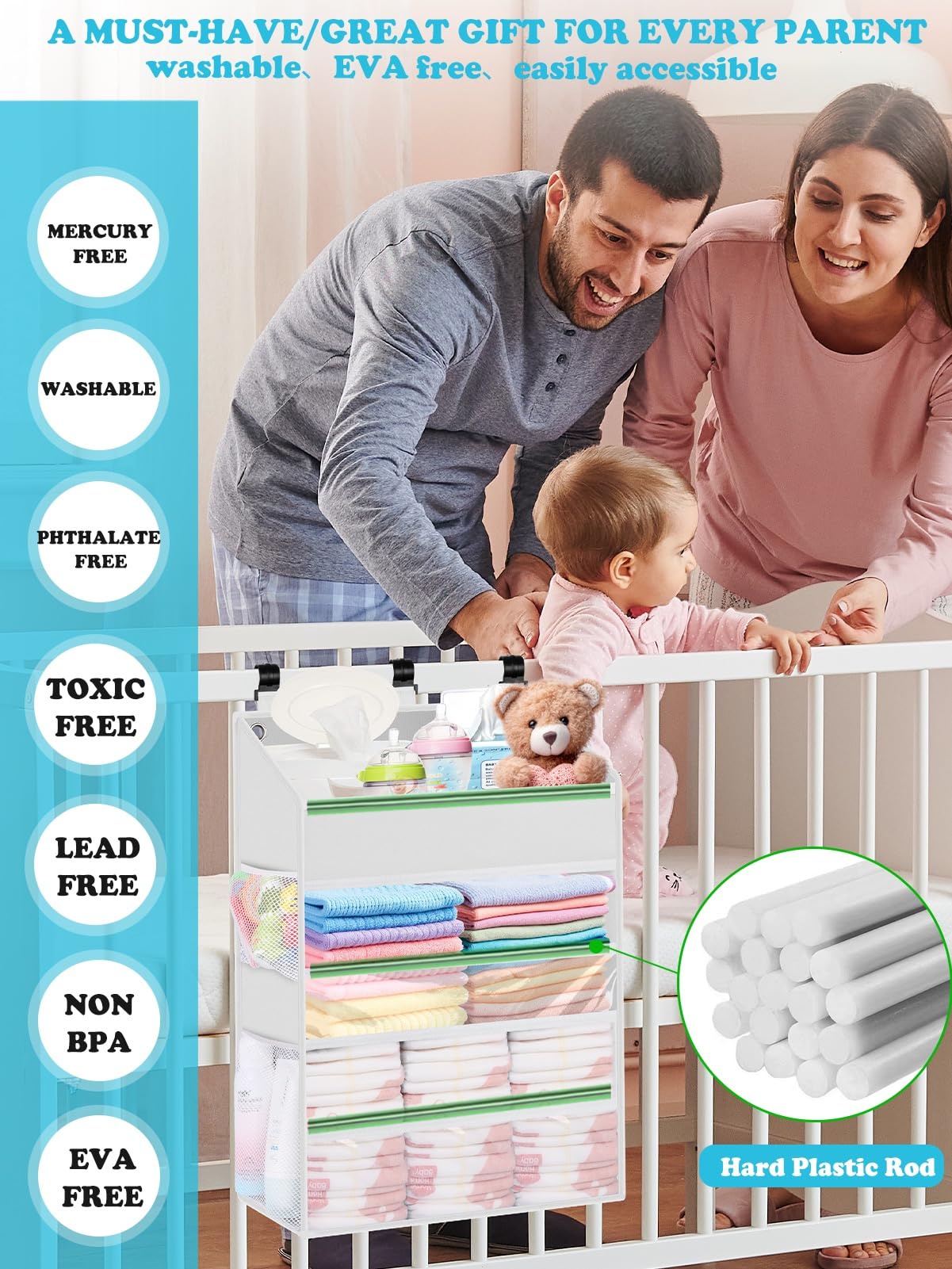PHOTOONE Hanging Diaper Caddy BPA-free material supports safe nursery storage.
