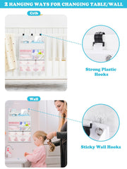 PHOTOONE Diaper Caddy on crib with hooks demonstrates versatile hanging options for cribs.