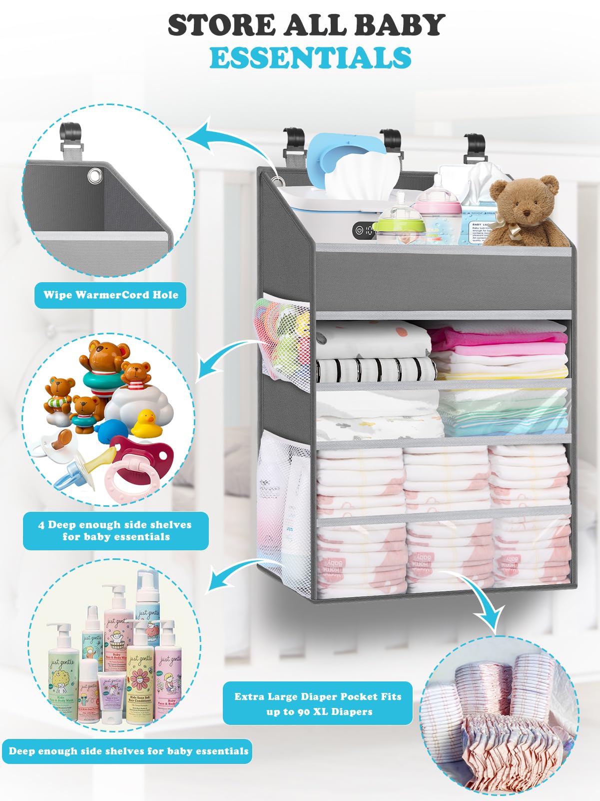 PHOTOONE diaper caddy side pockets for lotions and clothes