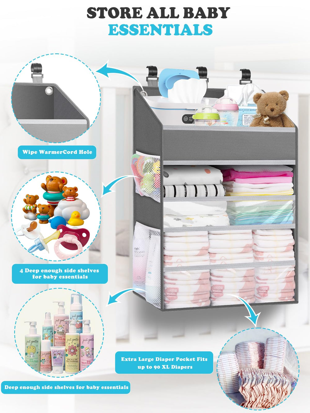 PHOTOONE diaper caddy side pockets for lotions and clothes