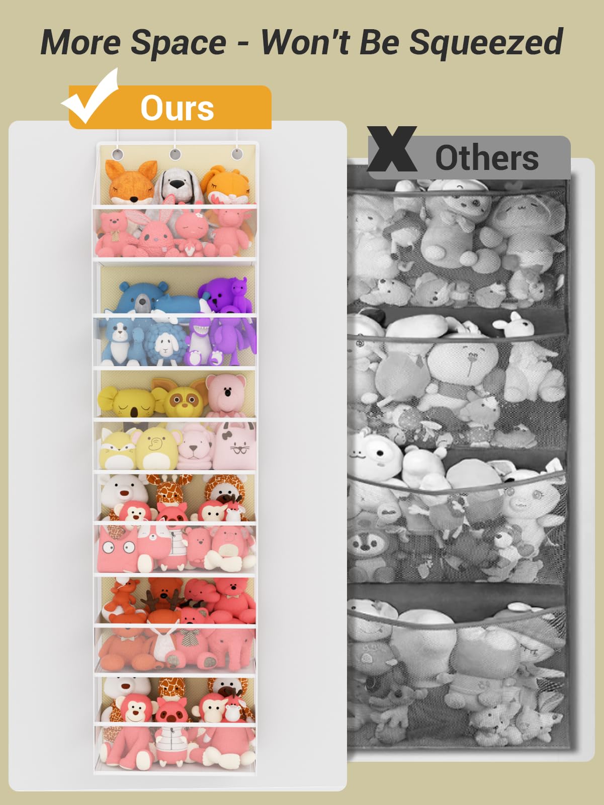 PHOTOONE stuffed-animal storage highlighting mesh visibility for quick toy selection.