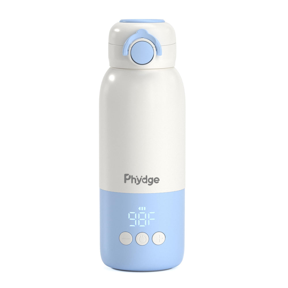 Phydge travel-friendly bottle warmer stored in diaper bag for airplane journeys.