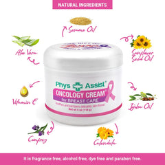 PhysAssist Oncology Cream application image demonstrates soothing, twice-daily breast-area care during sensitive periods.