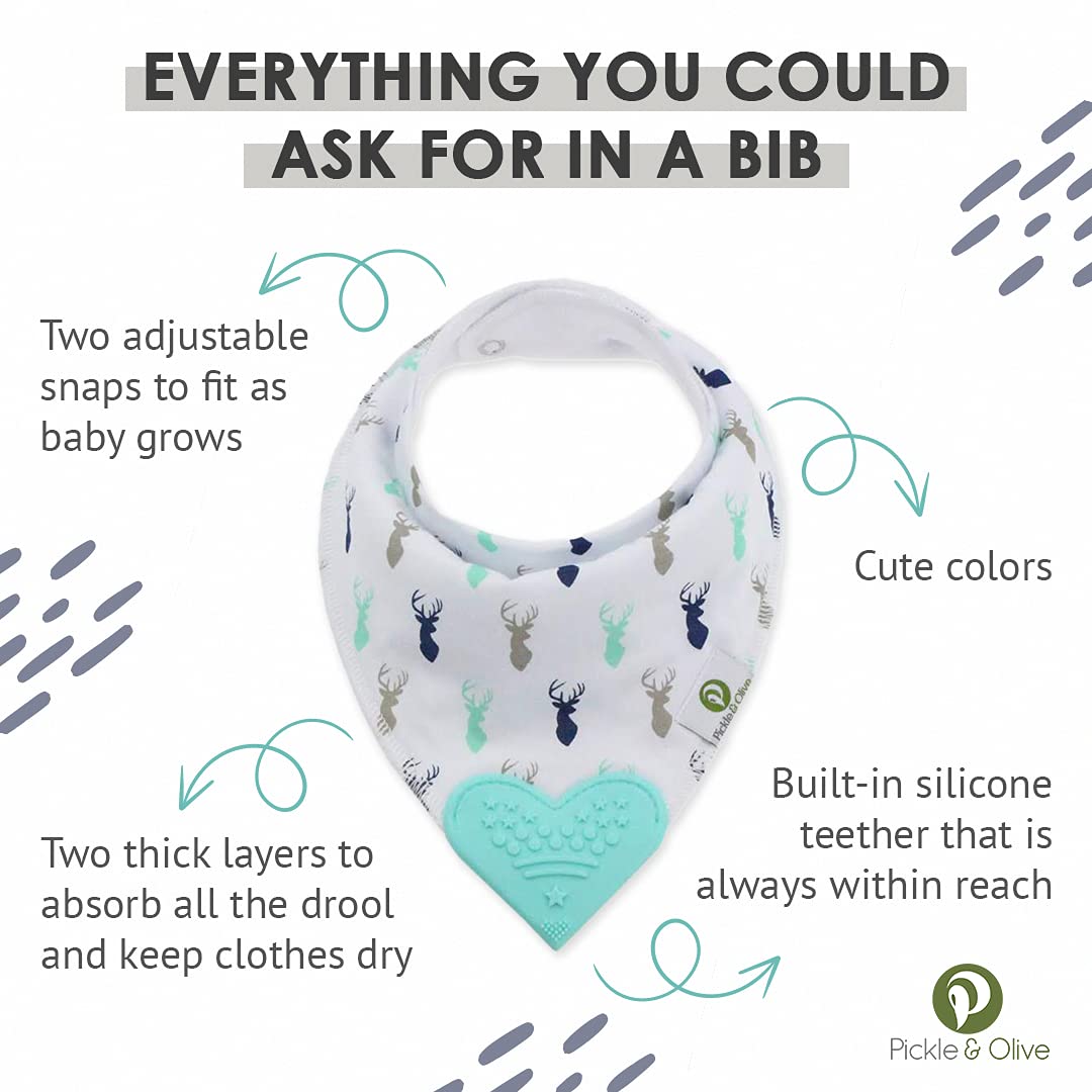 Pickle & Olive blue deer bib with attached heart-shaped silicone teether.